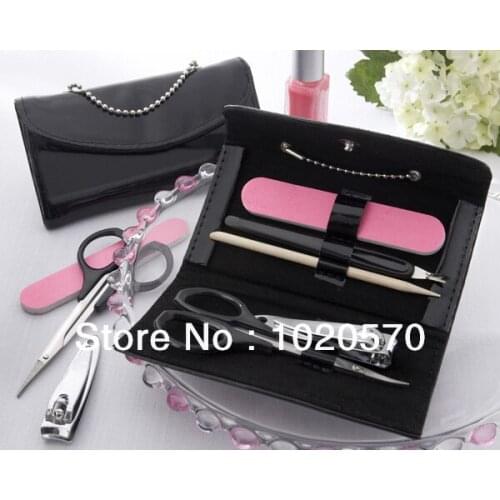 100sets/lot Factory directly sale Bridal Wedding Favor Little Black Purse Patent-Leather Five-Piece Manicure Set Free shipping