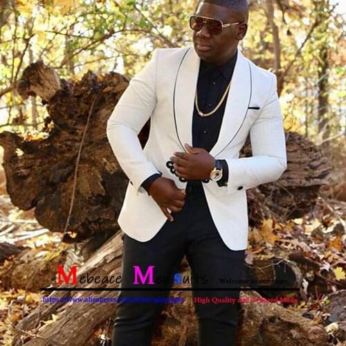 2021 Fashion White African Men Suits For Wedding 2 Piece Groom Tuxedo Shawl Lapel Slim fit Prom Male Suit Jacket with Black Pant