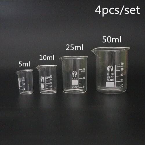 4Pcs/set 5ml/10ml/25ml/50ml Glass Beaker Pyrex Beaker Lab Measuring Cup for Lab or Kitchen Use