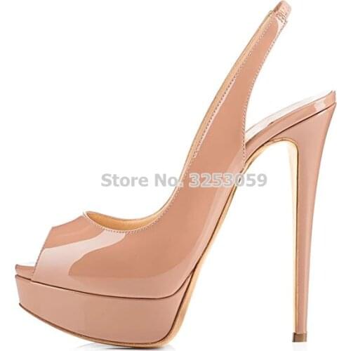 ALMUDENA Elegant Nude Patent Leather Peep Toe Pumps Slingback Elastic Band Dress Shoes Stiletto Heels Platform Party Shoes Pumps