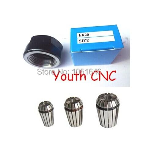 Free shipping, 3pcs ER20 collets 3.175mm, 4mm, 6mm +1pc ER20A Nut for CNC milling lathe tool and spindle motor
