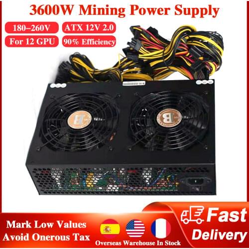 3600W Mining Power Supply 180-260V ETH 90% Efficiency Support 12 Graphics Display Cards GPU PSU PC Server for BTC Bitcoin Miner