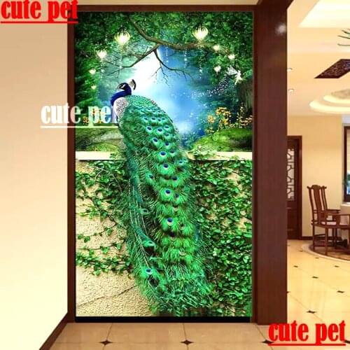 Large 5D full diamond Green peacock DIY cross stitch diamond painting living room decoration diamond embroidery puzzle Wallpaper