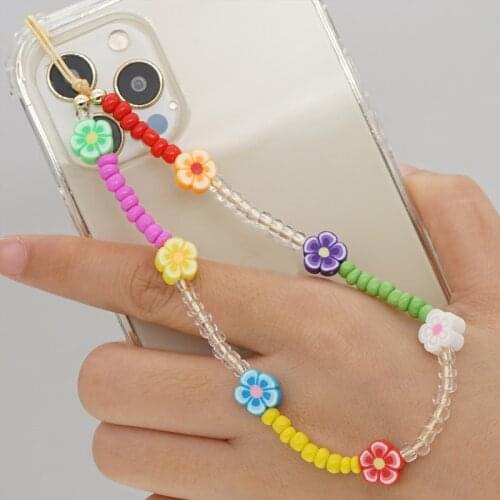 Colorful Beads Wrist Chain For Phone Summer Mobile Phone Chains Cute Fruit Strap LOVE Letter String Wristband Boho Beach Jewelry