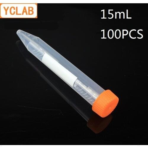 YCLAB 100PCS 15mL Centrifuge Tube EP Plastic Sharp Bottom Screw Mouth with Yellow Lid and Graduation Ethylene Propylene