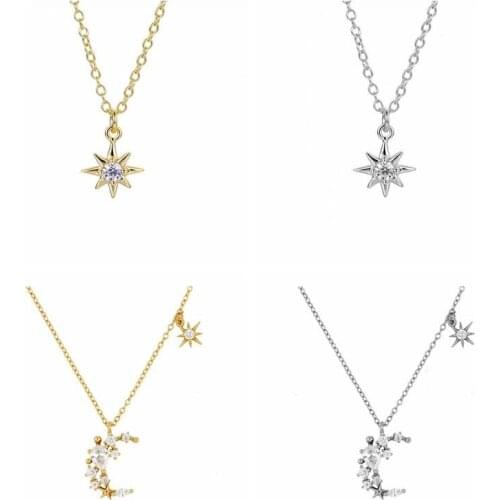 925 Sterling Silver Star and Moon Pendant Necklace for Women Simple Crystal Gold Color Clavicle Chain Korean Fashion Jewelry