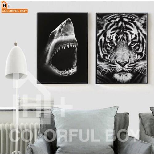 COLORFULBOY Tiger Shark Canvas Painting Modern Wall Art Black White Posters And Prints Wall Pictures For Living Room Home Decor
