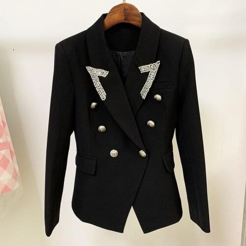 Europe Style Classic Womens double-breasted blazer jackets High quality diamonds beading coat C497