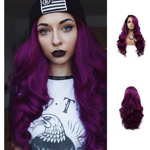 Purple Lace Front Wigs for Women Body Wave Long Synthetic Realistic Hair Wig with Black Roots Glueless Hair Replacement Wigs