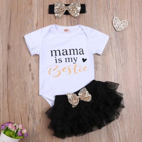Summer 3 PCS Baby Girl Outfits Short-Sleeved Round Neck Letter Printed Bodysuits + Net Gauze Fluffy Skirt + Sequin Bow Headband