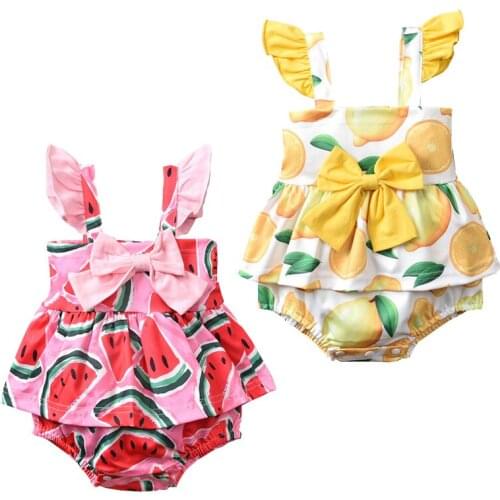 Emmababy Toddler Baby Summer Rompers Watermelon/Lemon Print Ruffled Sleeveless Jumpsuit with Bowknot 0-12 Months