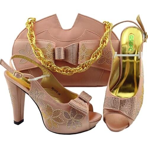 Peach Color Nigeria Women Shoes And Matching Bag Set Fashionable PU Leather Ladies Heels Sandals And Bag Set For Party