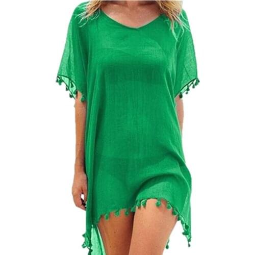 Summer New product womens solid color round neck chiffon fringed ball beach blouse Mini Dress New Fashion Swimwear Chic Dress