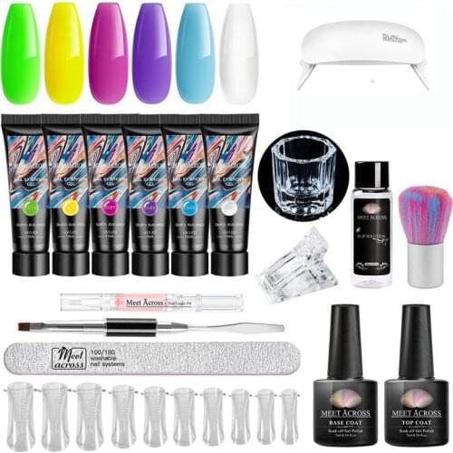 MEET ACROSS 17Pcs Nail Extension Gel Set Manicure Kit With UV Led Lamp Quick Builder Nail Gel Extend Forms Tips Nail Art Tools