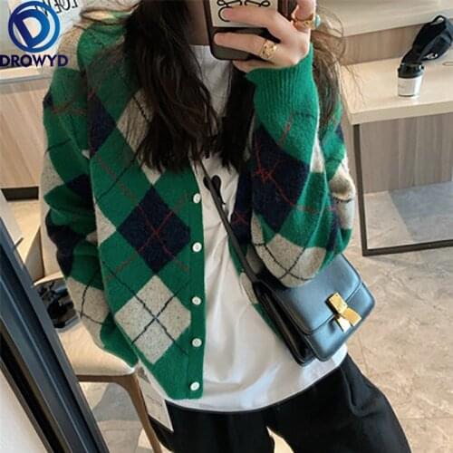 Fashion Green V-neck Contrast Diamond Knit Cardigan Loose 2021 Autumn and Winter Wear New Green Diamond Retro Sweater Coat Women