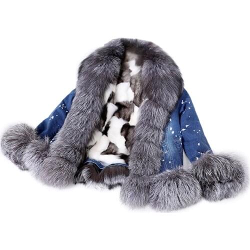 Genuine ultra short denim fox fur collar fashion plus velvet warm casual jacketdenim jacket women