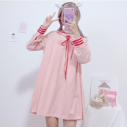 Autumn dress womens Japanese college wind loose slim long Sailor Collar long sleeve sweet casual dress