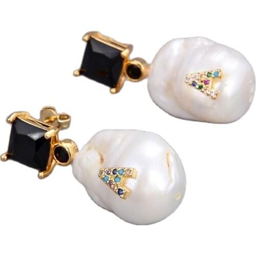 JK Natural Cultured White Baroque Pearl Black Cz Rhinestone Earrings