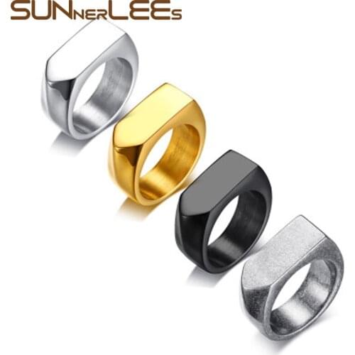 SUNNERLEES Titanium Stainless Steel Rings 9mm Ancient Design Smooth Black Silver Color Gold Plated Men Jewelry Gift RC-381