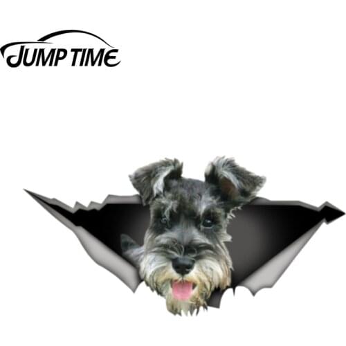 Jump Time 13cm x 6.6cm Schnauzer car sticker 3D Pet Graphic Vinyl Decal Car Window Laptop Bumper Animal Car Stickers