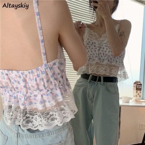 Floral Camis Women Lace Korean Style Chic Trendy Popular Vigorous Tender Maiden Prairie Ulzzang Summer Teens Girls College Ins