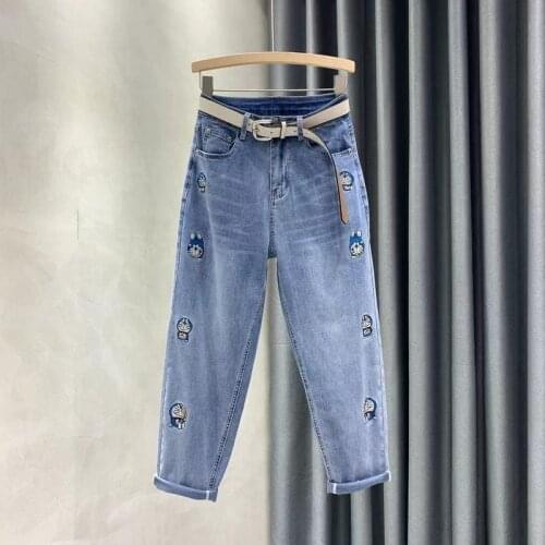 Embroidered cartoon jeans 2021 womens summer new high waist slim slacks Capris Harlan pants