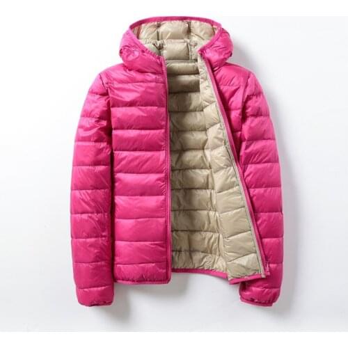 Women 90% White Duck Down Jacket Double sided Autumn Female Ultra Light Down Jackets Solid Long Sleeve Hooded Parkas Candy Color