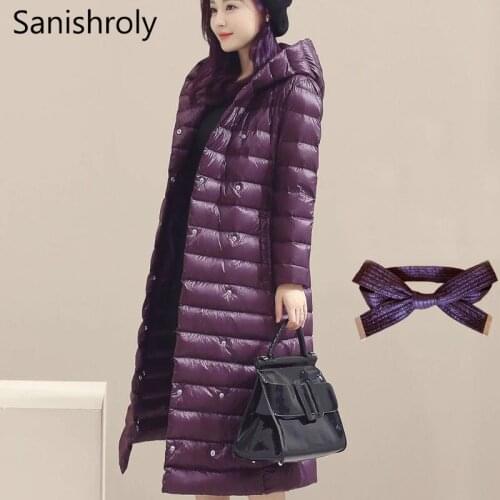 Sanishroly S-3XL Women White Duck Down Jacket Tops Sashes Ultra Light Down Coat Parka Female Hooded Long Outerwear Plus Size 257
