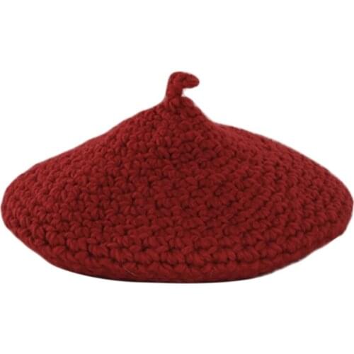 Women Winter British Style Flat Knitted Beret Cap Solid Color Handmade Chunky Crochet Vintage Travel Painter Beanie Hat H9ED