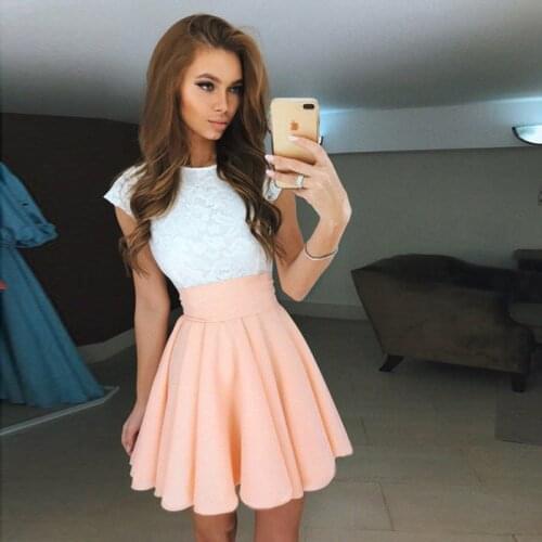 High Waist Short Dress Women Sexy Mini Dresses Office Short Sleeve Pleated Lace O-Neck Casual Sundress Vestido Fashion