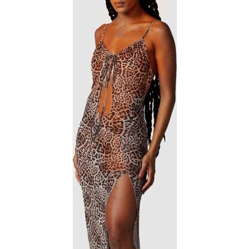 Women Summer Sexy Leopard Print Sling Dress V Neck Sleeveless Hollow Out Fashion Street Casual High Split Long Dresses 2021