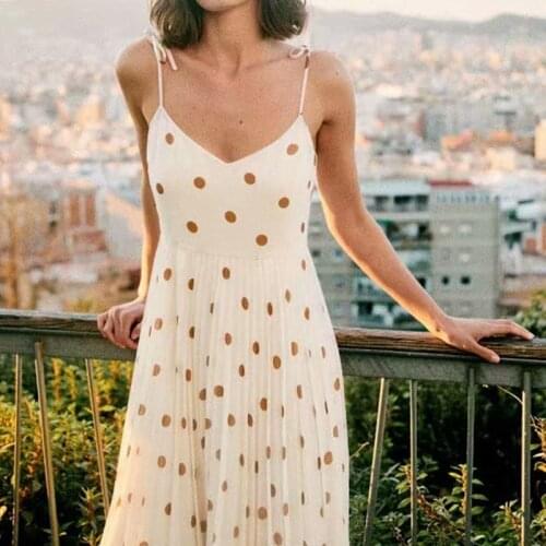 Women Sleeveless Summer Midi Printed Polka Dots Summer Beach Dress Draped Ladies 2021 New Trend Pleated Holiday Chic Party Dress