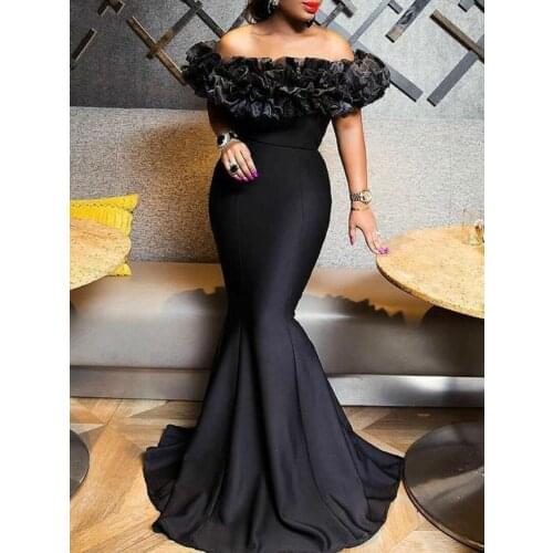Womens Dress Autumn 2020 Stretch European and American Woman Clothing Ruffle Dresses Off The shoulder Slim Sexy Mermaid Dress