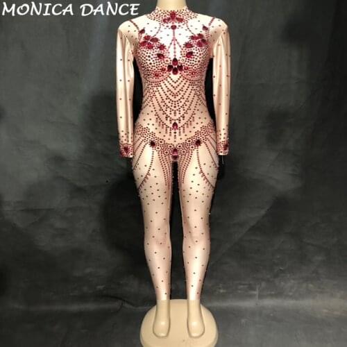 Women Sexy Red Black Big Diamonds Dj Jumpsuit Sparkling Crystal Bodysuit Nightclub Stage Wear Dancer Singer Show Dance Costumes