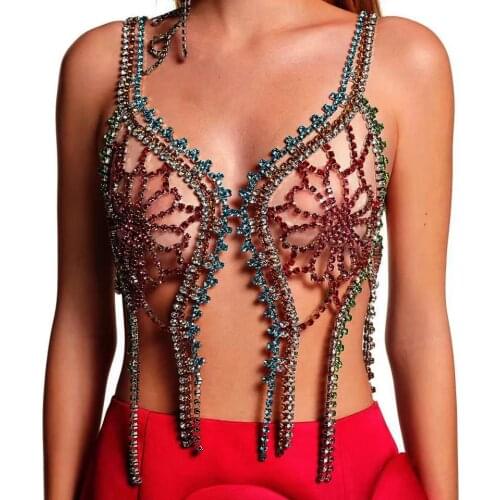 2021 new design mixed color bra rhinestone tassel flower body chain sexy nightclub bikini breast chain luxury lingerie jewelry