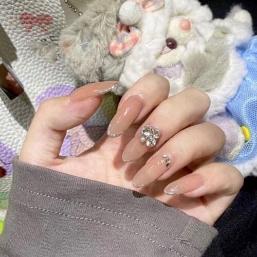 24pcs Fake Nails With Glue Silver Edge French Stack Drill Wear Long Paragraph Fashion Manicure Patch False Nails Press On Nail D