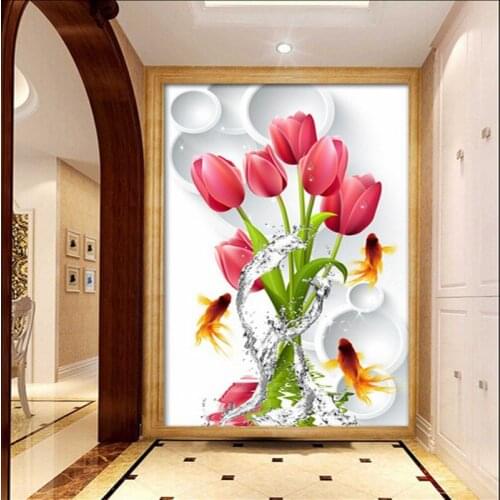 Custom 3d mural HD 3D drops rose tulip wallpaper corridor aisle vertical version wallpaper mural
