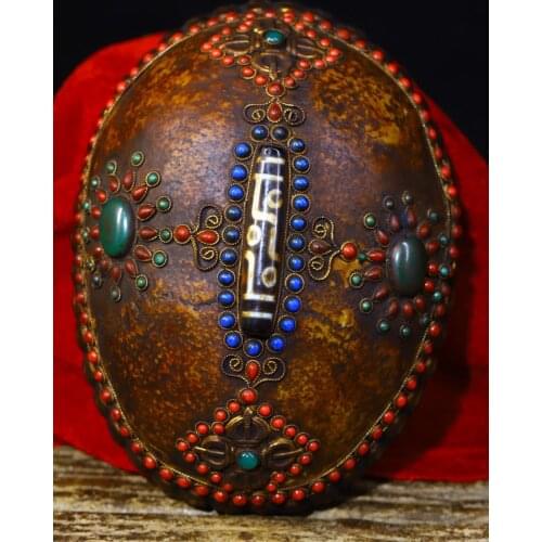 7" Old Tibetan Buddhism silver Gem Dzi Bead Buddha bowl Skull eight treasures symbol statue Kapala Bowl cup Gabala Bowl