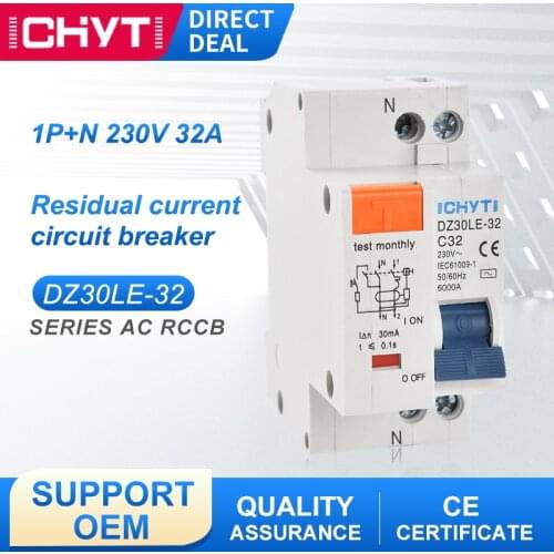 DZ30LE 230V 1P+N 10A 16A 20A 25A 32A 40A 63A AC Type 30mA Residual Current Circuit Breaker Earth Leakage RCD RCBO RCCB ELCB