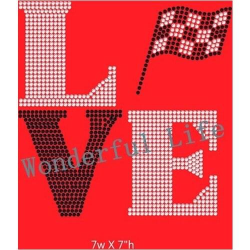Free shipping Love Square Racing Rhinestone Transfer Design Image iron on Checkered Flag