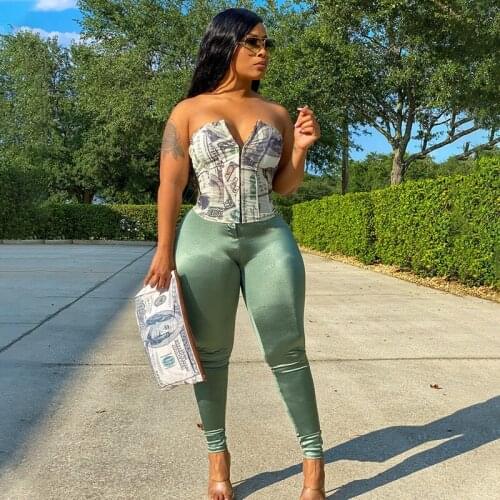 Summer Women Money Print Backless Strapless Corset Tube Top Sexy Gothic Hook Button Party Club Street Wear A20362T