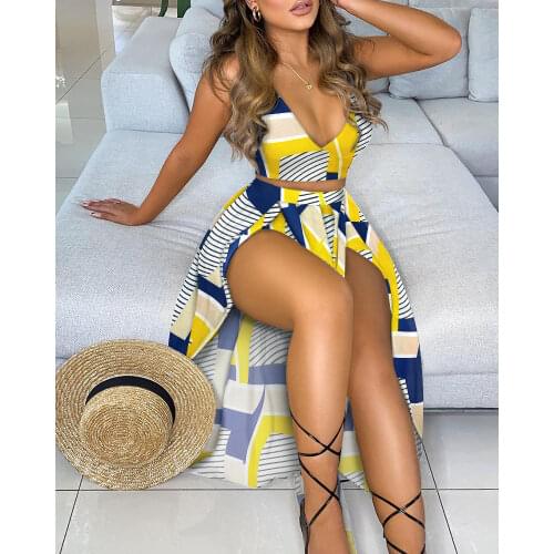 2021 Best Selling Geo Pattern Colorblock Crop Floral Print Crop Top & High Slit Maxi Skirt Set Polkadot Print Solid Crop Top