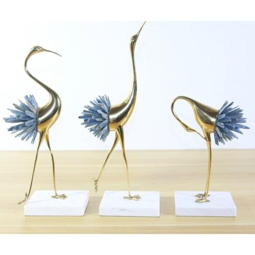 Natural Quartz Crystal Wand Point Copper Crane Figurine Light Luxury Home Metal Ornaments Healing Crystal Stone Home Decoration