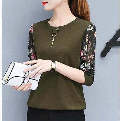 Outono de manga comprida blusa mulheres casual tops emendados blusa impressa camisa fEmea o-pescoCo completa