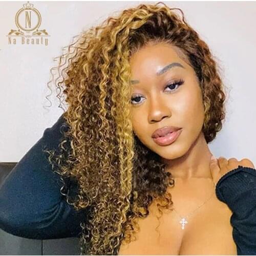 Brown with Blond Highlight 4x4 Lace Human Hair Wigs Curly Wig Closure Wig Ombre Color For Black Women Nabeauty 180 Density