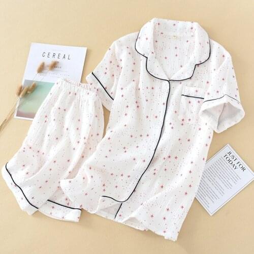100% cotton Fresh stars crepe shorts pajama sets women Summer Japanese short sleeves simple pyjamas mujer sleepwear woman pijama