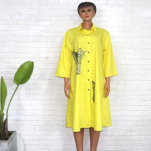 African Dresses For Women 2021 New Fashion Spring Autumn Loose Hot Drilling Solid Color Shirt Skirt African Clothing Yellow Robe