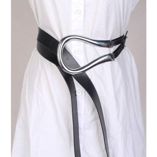 Big silver buckle knot belts black double layer faux leather waistbands women luxury fashion long soft cummerbund for coat dress