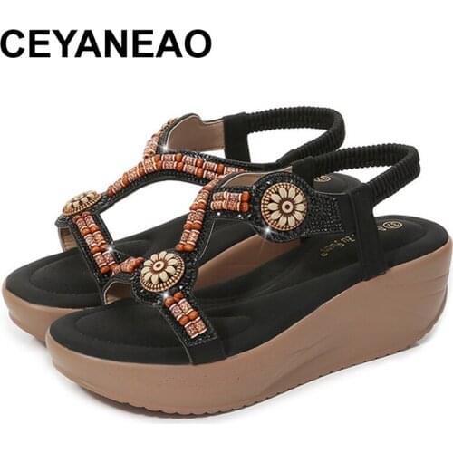CEYANEAO Womens Sandals Summer Wedge Elastic Band Mid Heels Shoes For Women Fashion Retro Ladies Bling Solid Color Bohemian