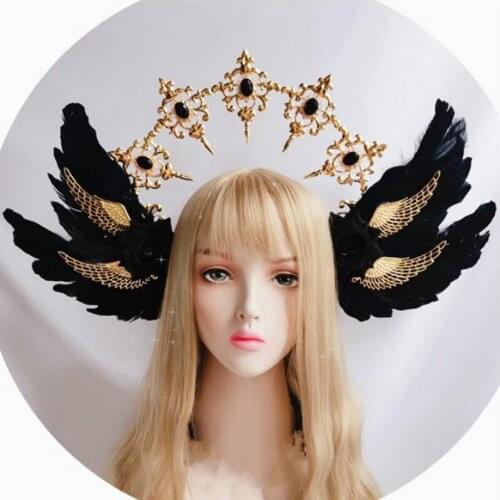 Gorgeous White Rose Angel Wings KC Gothic Lolita Court Crown Halo Aperture Princess Queen Pope Props Cosplay Notre Dame Headband